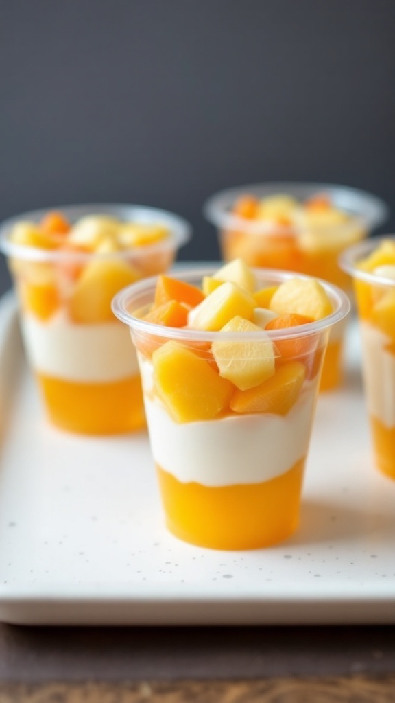 Colorful Candy Corn Fruit Cups with layers of pineapple, orange gelatin, mandarin oranges, and whipped cream.