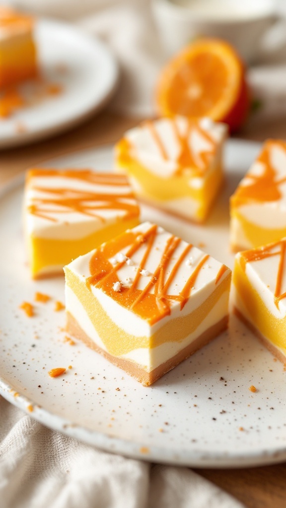 Delicious Candy Corn Fudge cut into squares, showcasing layers of yellow, orange, and white chocolate.