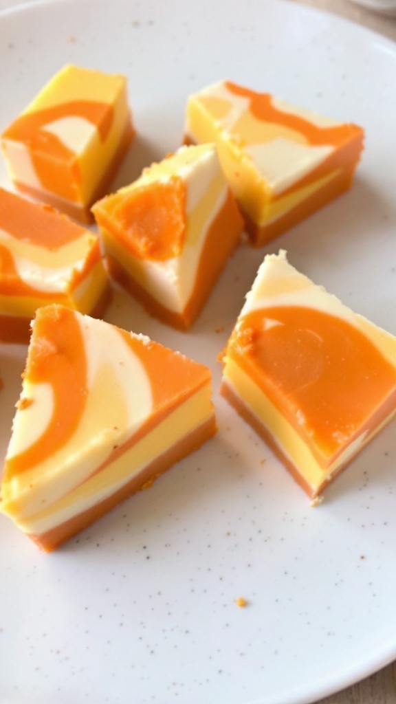 Colorful Candy Corn Fudge squares on a plate