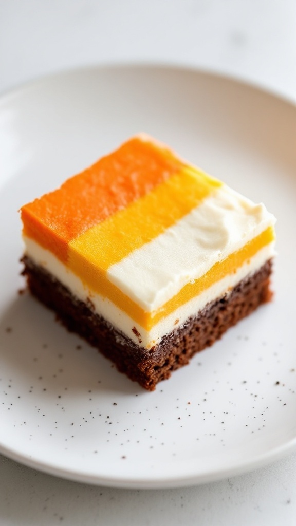 A close-up of a candy corn layered brownie on a plate.