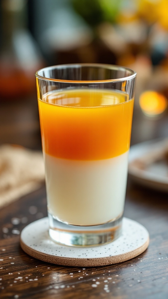 A colorful layered drink resembling candy corn, with layers of orange and white.