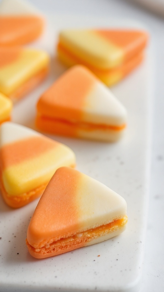 Candy corn themed macarons in orange, yellow, and white layers.