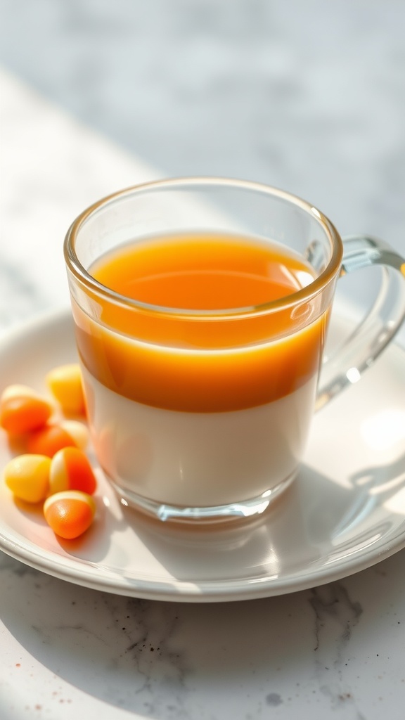 A colorful Candy Corn Macchiato in a clear glass with candy corn candies on the side.
