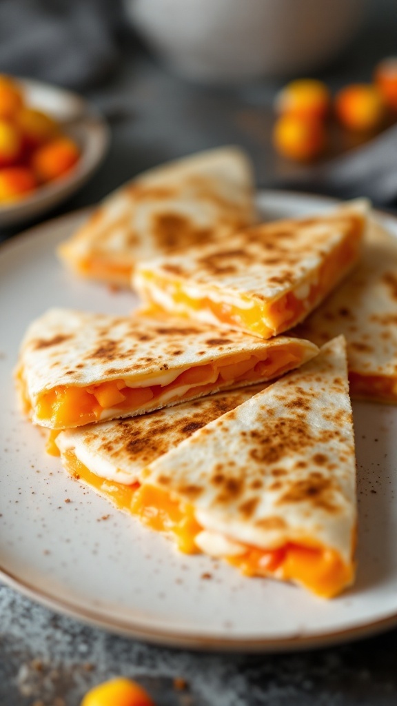 Colorful candy corn quesadillas stacked on a plate.