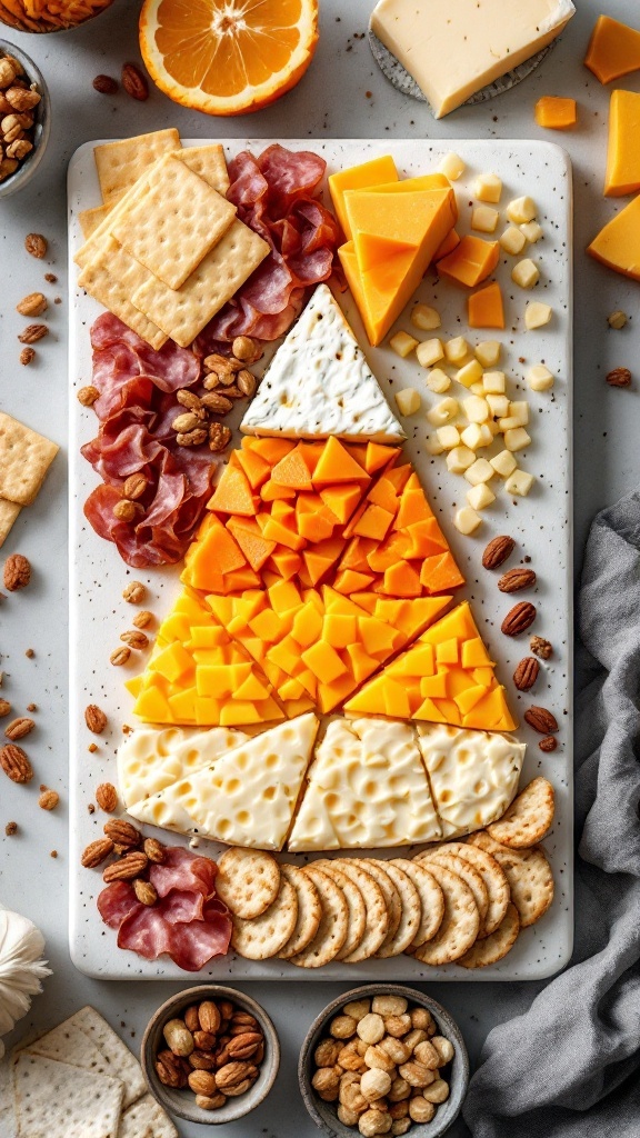 A colorful candy corn themed charcuterie board with cheese, crackers, and meats.