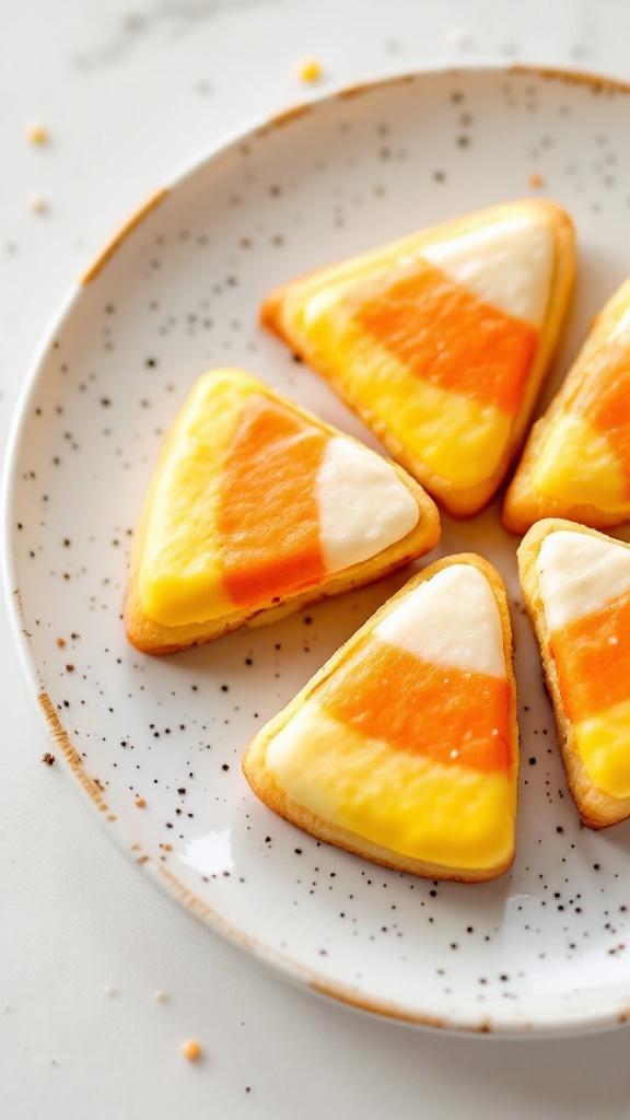 A plate of colorful candy corn triangle cookies decorated with frosting.