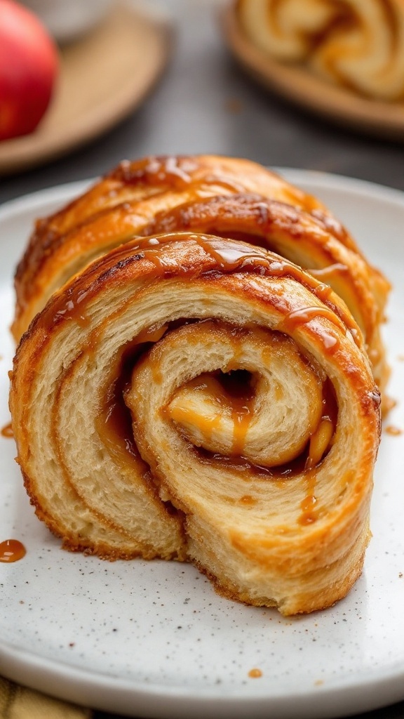 A delicious-looking caramel apple babka with swirls of dough and caramel drizzle on top.