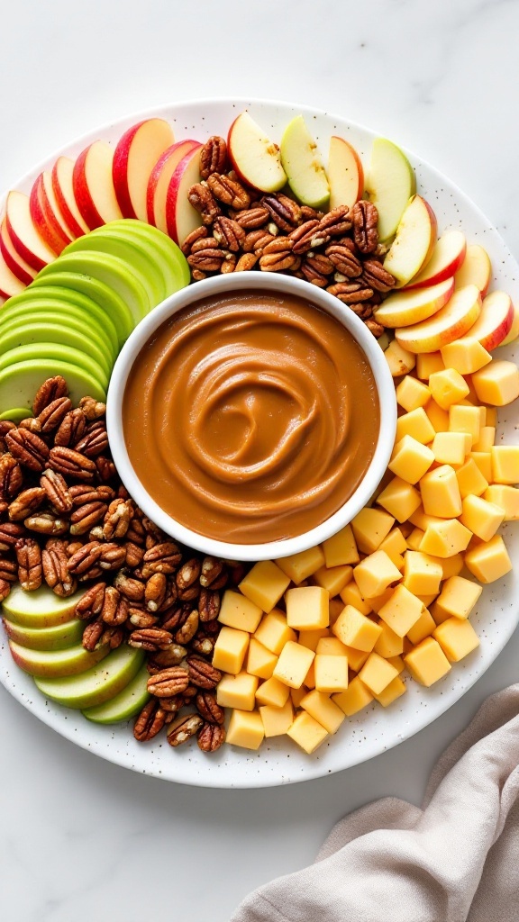 Caramel apple board featuring sliced apples, caramel dip, spiced pecans, and cheddar cheese.