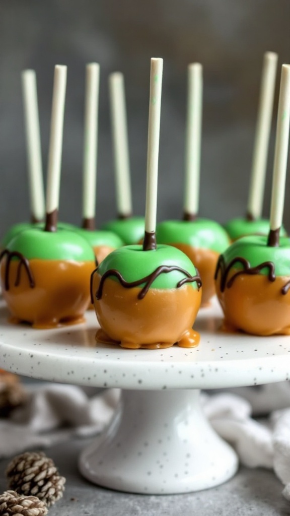 Delicious caramel apple cake pops decorated with green candy coating and chocolate drizzle on a white plate.