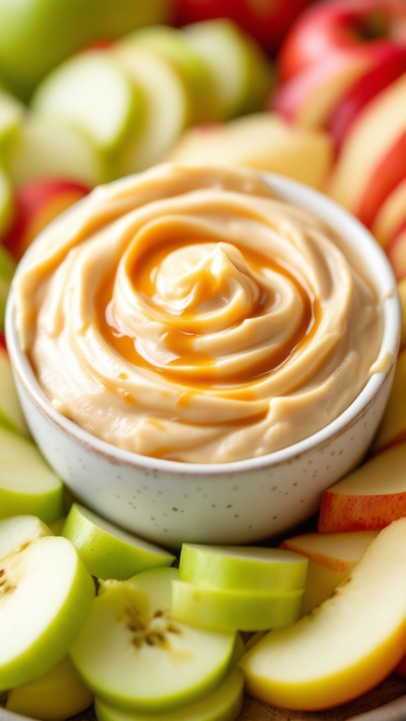A bowl of caramel apple dip surrounded by sliced apples