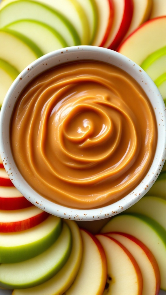 Creamy caramel dip with sliced apples arranged around it.