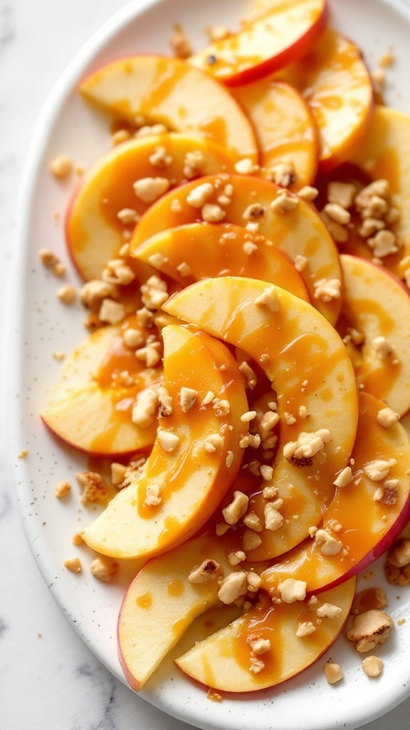 Caramel apple slices drizzled with caramel and topped with chopped nuts