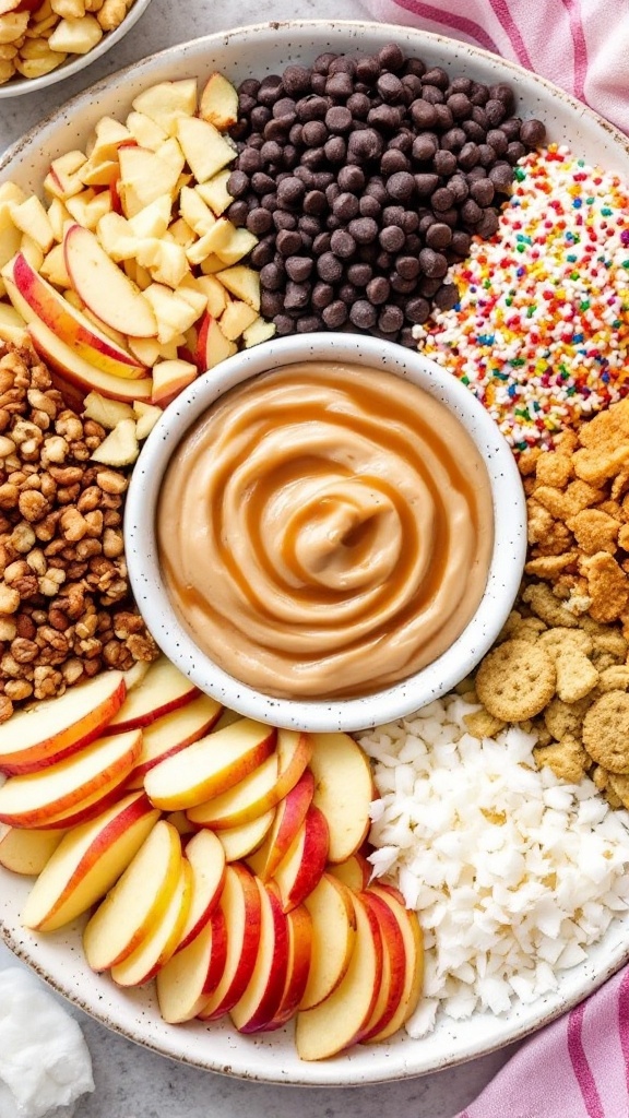 A platter of apple slices with caramel sauce and a variety of toppings.