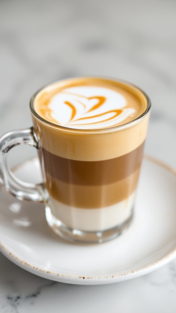 A layered coffee drink with espresso, milk, and caramel