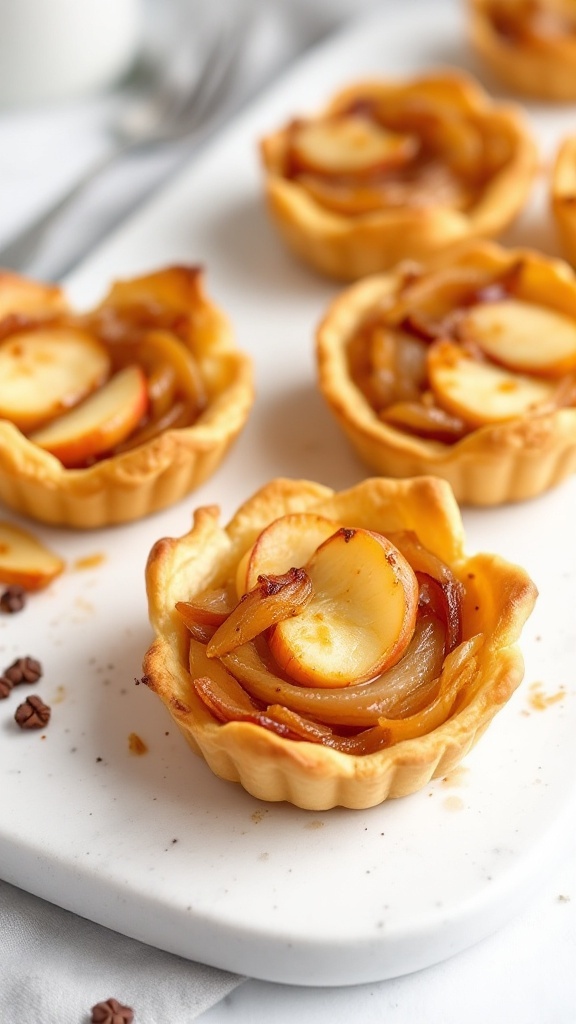 Caramelized onion and apple tarts on a platter.