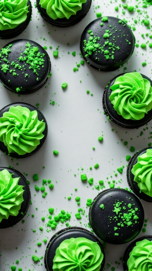 Halloween-themed macarons with black shells and green buttercream