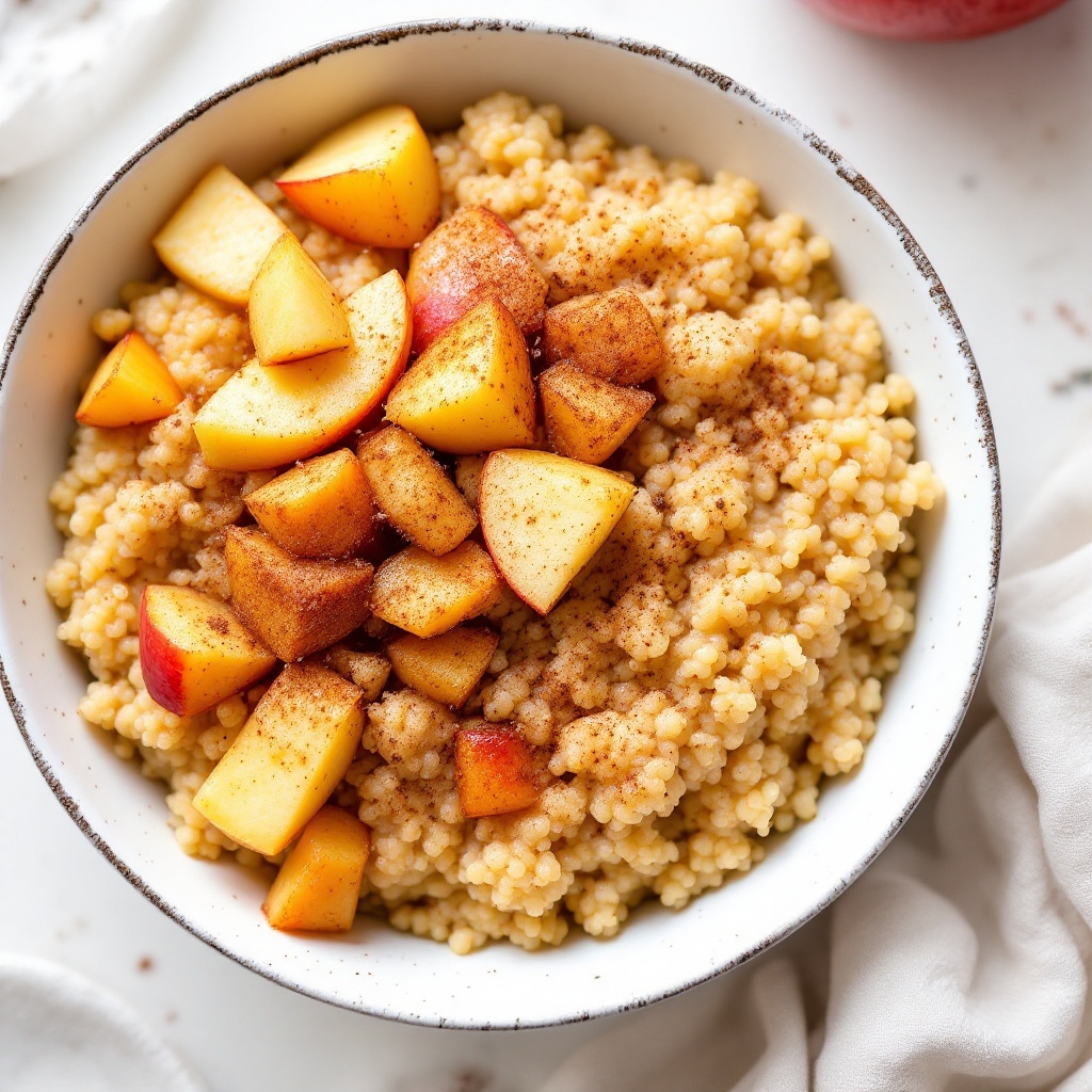Bowl of chai-spiced breakfast quinoa topped with caramelized apples