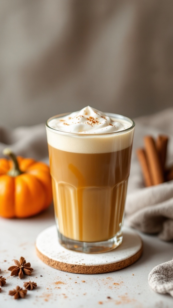 A glass of chai pumpkin cream cold brew topped with whipped cream and cinnamon, with a pumpkin and spices in the background.