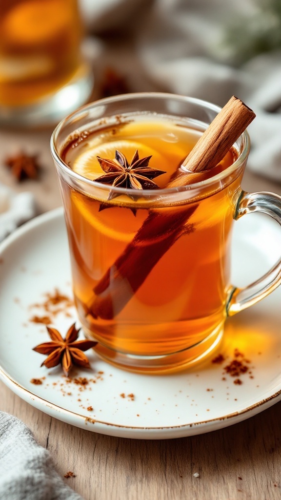 A warm cup of chai spiced hot toddy with a cinnamon stick and star anise