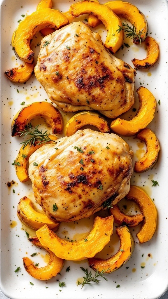 A delicious chicken and acorn squash sheet pan dinner, showcasing roasted chicken breasts and golden acorn squash slices.