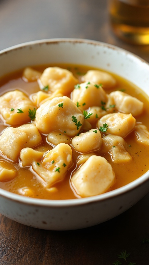 A comforting bowl of chicken and dumplings with fresh herbs.