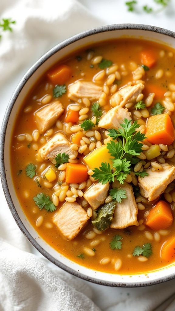 Bowl of chicken and wild rice soup with vegetables