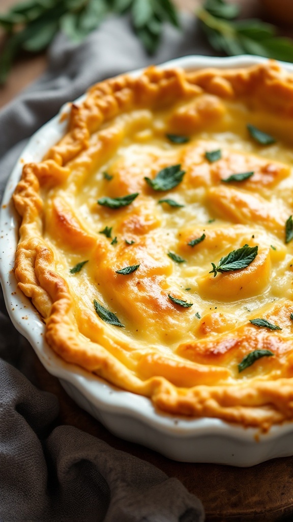 A delicious chicken pot pie with a golden crust and herbs on top.