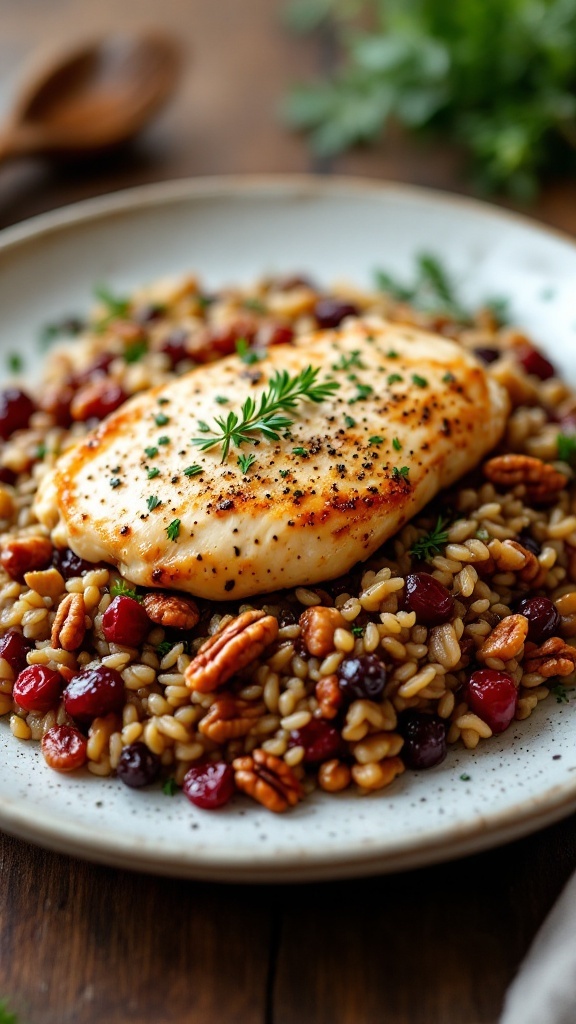 A plate of chicken with cranberry pecan wild rice garnished with herbs.