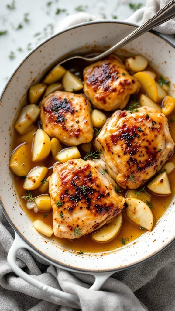 A comforting dish of cider-braised chicken thighs with apples and fennel in a rich sauce.