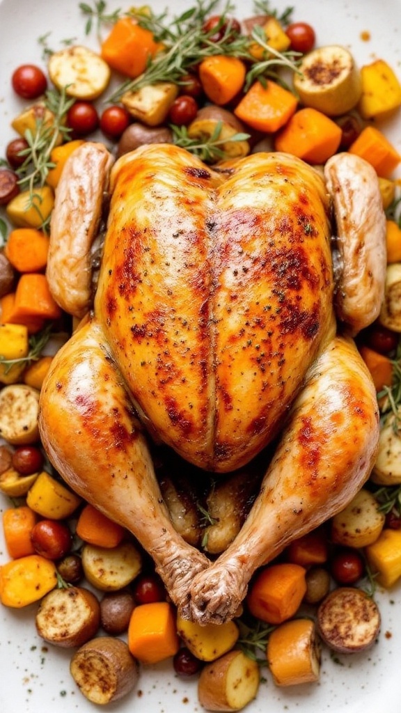 A beautifully roasted chicken served with colorful fall vegetables on a white plate.