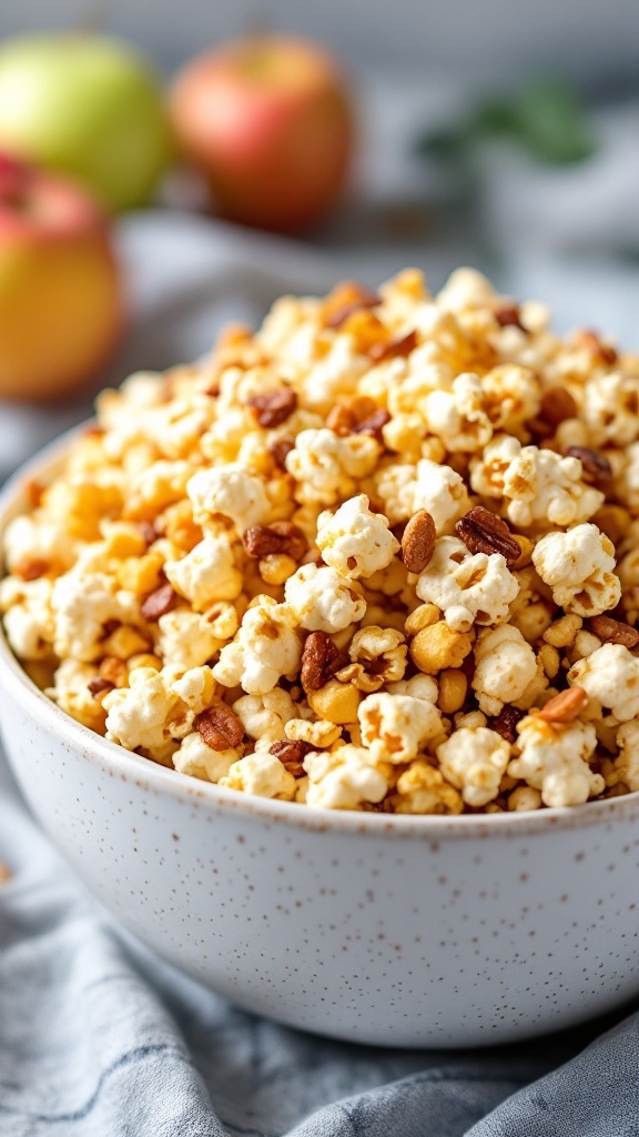 A bowl of cider-glazed popcorn mix with pecans