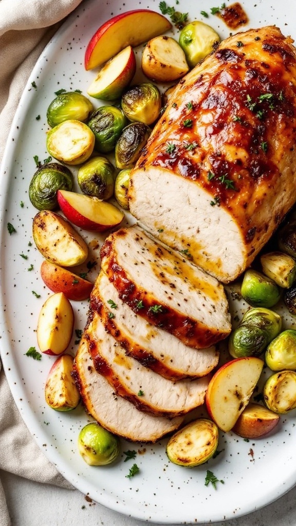 A plate of sliced cider-glazed turkey breast served with roasted apples and Brussels sprouts.