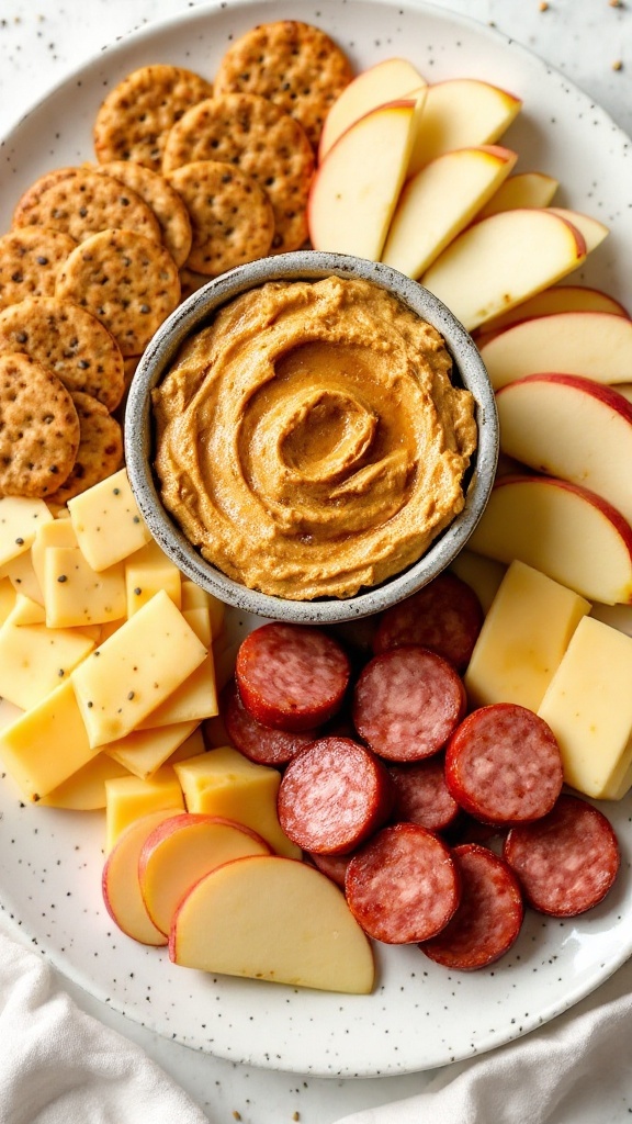 A fall charcuterie board featuring a mulled cider dip, pumpkin seed crackers, smoked gouda, and maple-glazed sausage.
