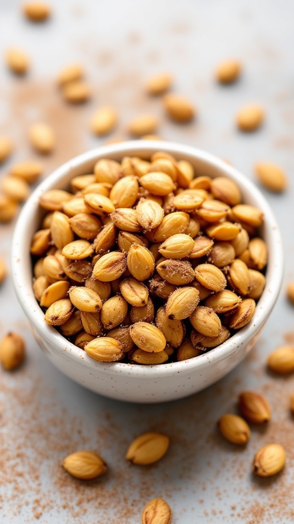 A bowl of cinnamon-sugar pumpkin seeds ready for snacking.