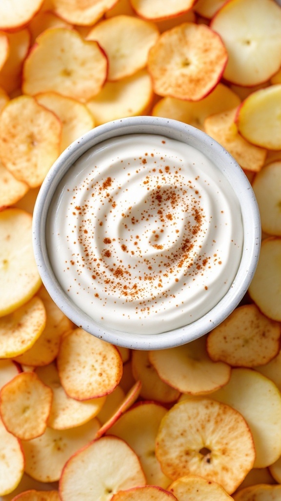 Cinnamon apple chips served with a maple yogurt dip.