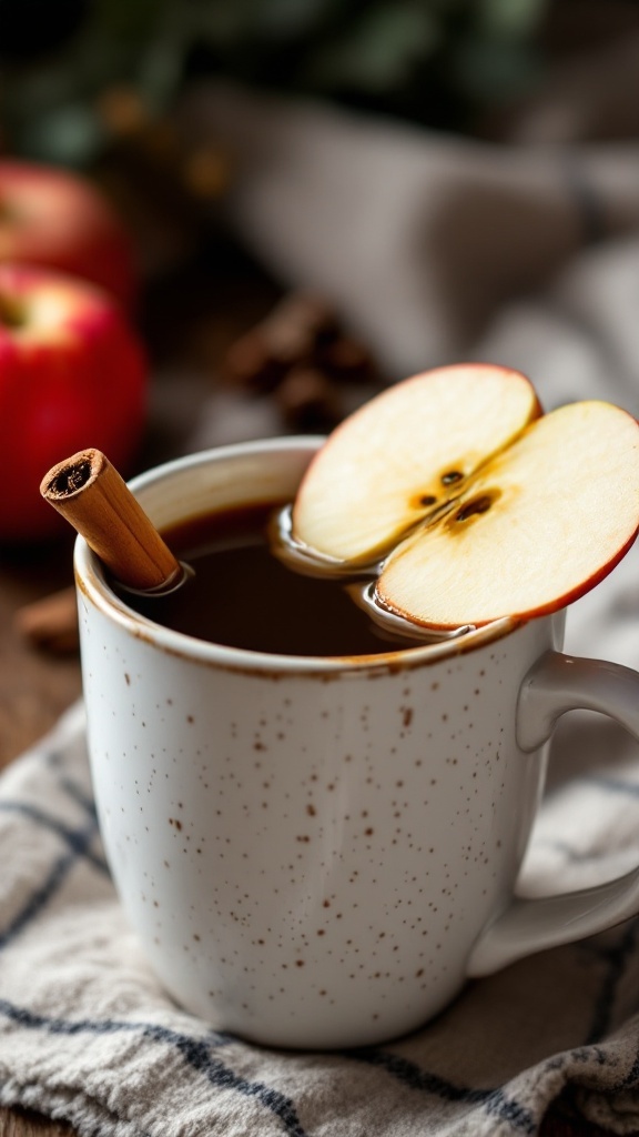 A cozy cup of cinnamon apple cider coffee with apple slices and a cinnamon stick