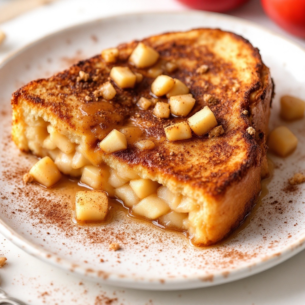 A slice of cinnamon apple French toast bake with diced apples and syrup on top.