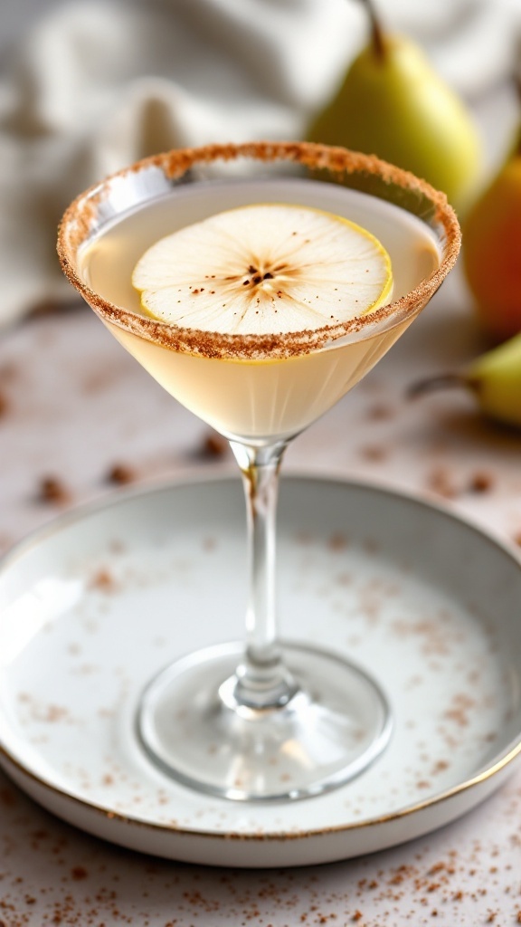 A Cinnamon Pear Martini garnished with a slice of pear and rimmed with cinnamon.