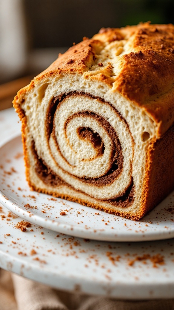A loaf of cinnamon swirl harvest bread sliced to reveal the spiral pattern inside.
