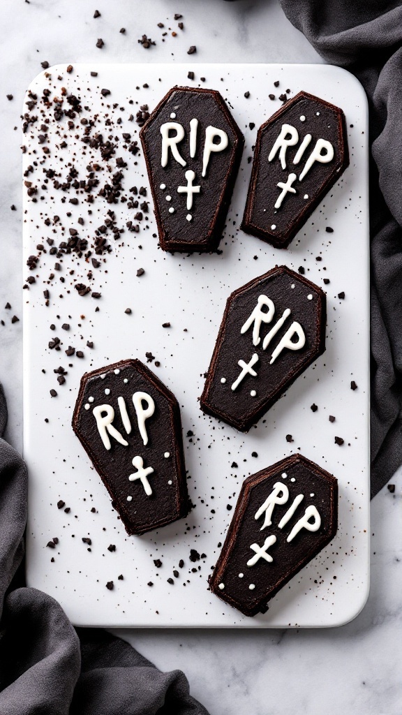 Coffin-shaped brownies decorated for Halloween