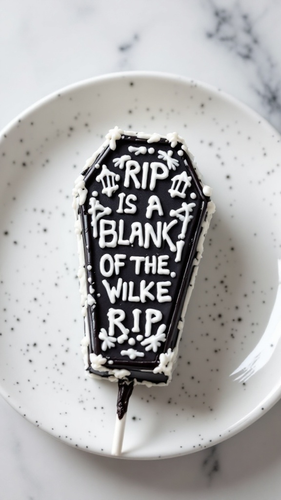 Coffin-shaped cake pop with RIP details