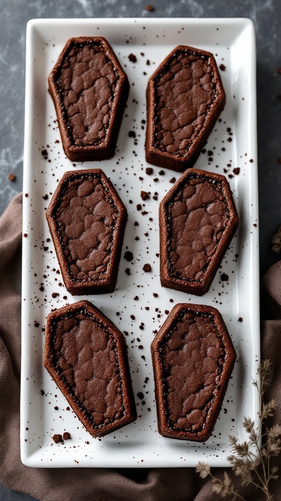 Coffin cut-out brownies on a plate