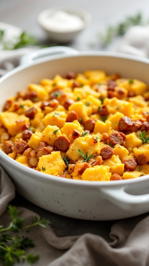 A comforting dish of cornbread stuffing with sausage and herbs.