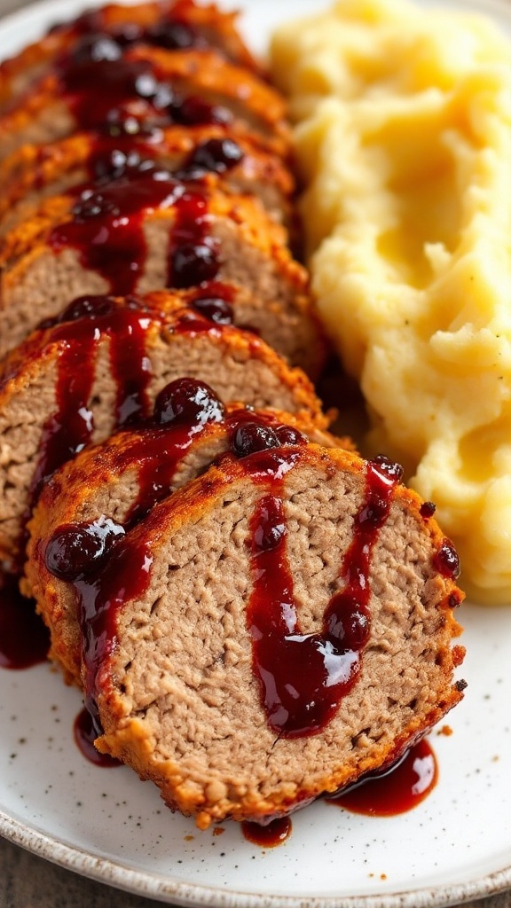 A plate featuring turkey meatloaf with cranberry-balsamic glaze and parsnip mash, garnished with herbs.