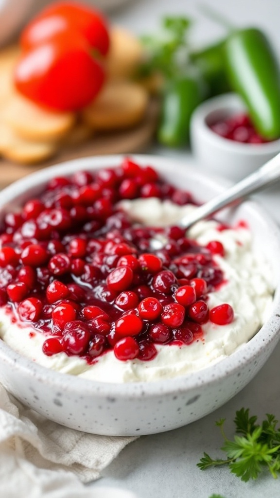 A creamy cranberry-jalapeño dip served in a bowl, garnished with fresh cranberries and surrounded by crackers.