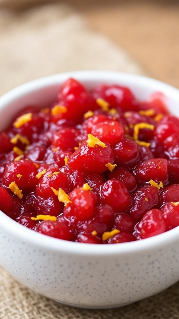 A bowl of cranberry-orange relish with vibrant colors and a sprinkle of orange zest.