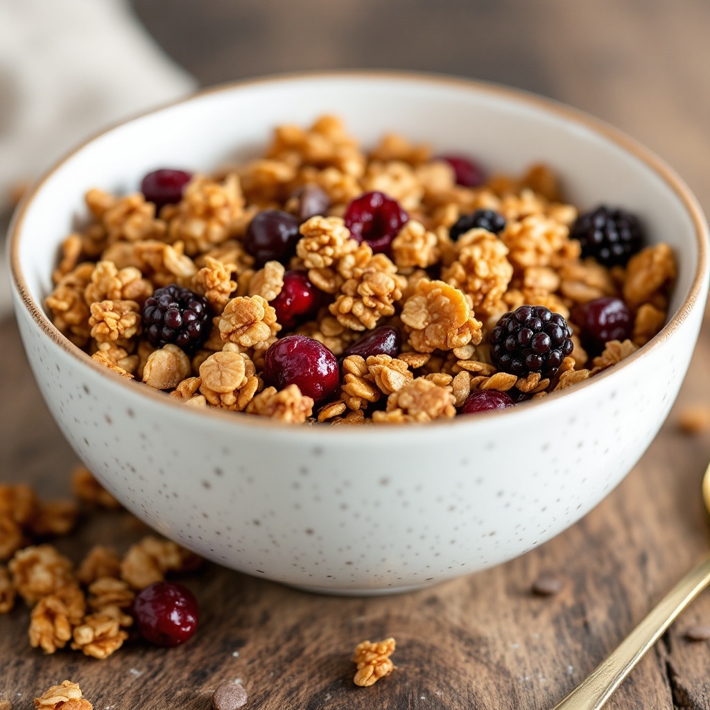 Cranberry-Pumpkin Seed Granola with fall fruits in a bowl.
