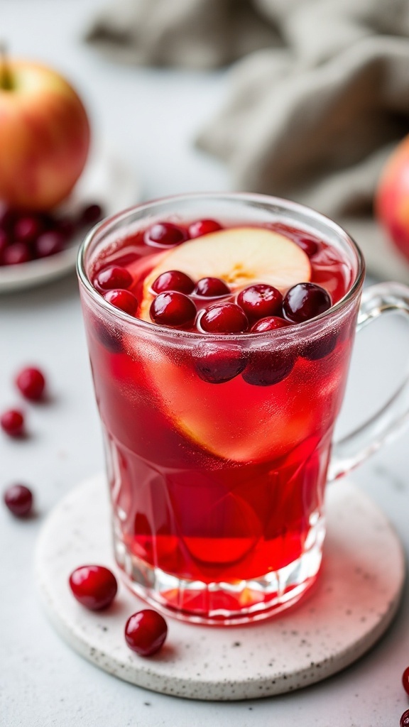 A glass of cranberry apple cider punch with fresh cranberries and apple slices