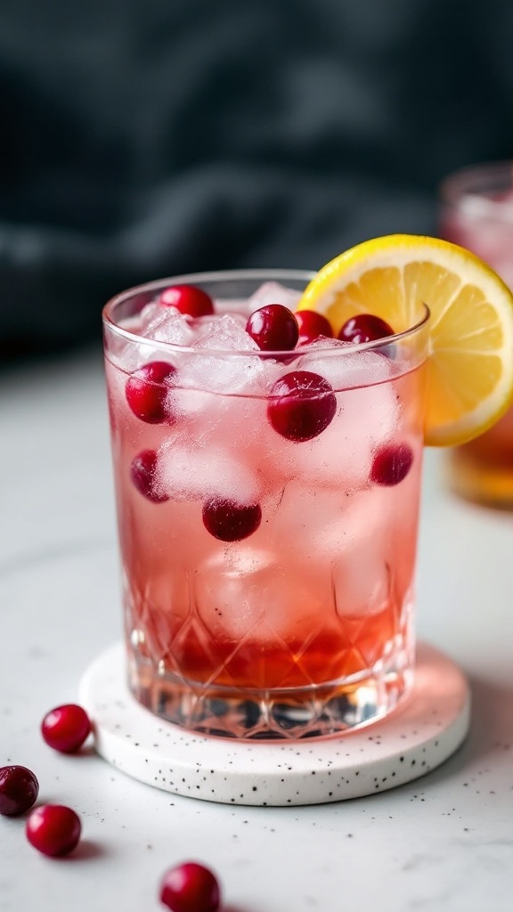 A refreshing cranberry bourbon sour cocktail garnished with cranberries and a lemon slice.