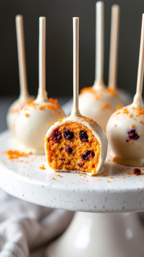 Cranberry Orange Cake Pops arranged on a white pedestal